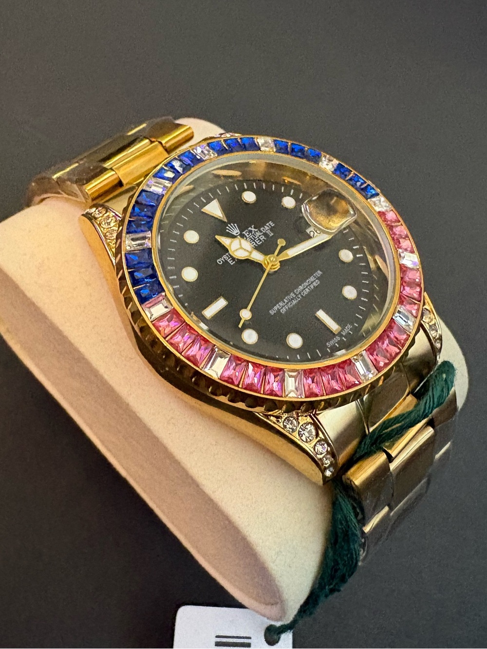 Fashion Unisex Stainless Steel Gold Watch Black Face Baguette Rhinestone Bezel
